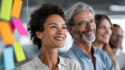 Fototapeta premium Diverse group of business people engaged in a brainstorming session in a modern office, teamwork and innovative thinking concept, defocused background, with copy space