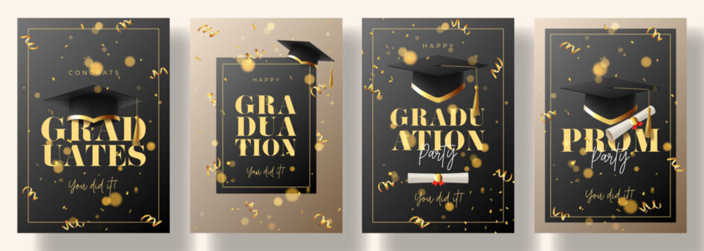 Set of Posters for Graduation Ceremony. Vector flyers with realistic graduation caps, golden confetti and serpentine. Posters for graduation of college, school, university or degree ceremony.