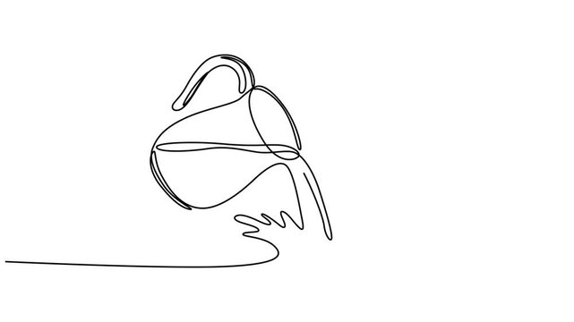Animated self drawing of continuous line jug pouring water. Full length one line animation. 4K, one line drawing of water coming out of a clay jug.antique jug. pitcher for milk, water,juice, pour into