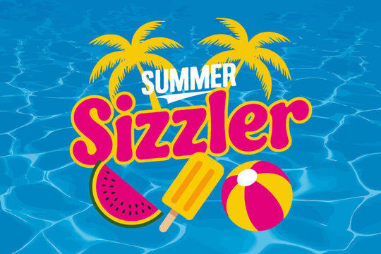 Bright and colorful summer sizzler design with watermelon popsicle beach ball and palm trees on water background