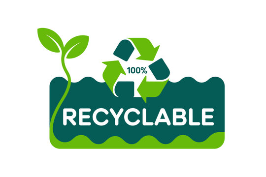 Recyclable product logo featuring green recycling symbol and plant growth