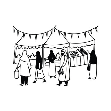 People walking through a bustling outdoor market with tents and stalls, diverse cultural scene.