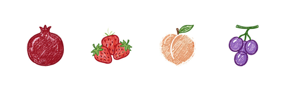 Tropical and Garden Fruit Assortment featuring Exotic and Common Varieties in Colorful Crayony Brushstroke Style