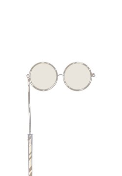 A stylish pair of round vintage-inspired lorgnette sunglasses isolated on a clean white background. One version features transparent lenses with a classic striped handle, while the other showcases a v