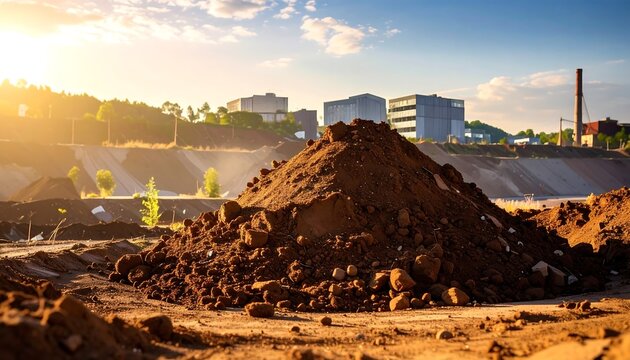 Large dirt pile at construction site in bright sunlight, industrial background with buildings
