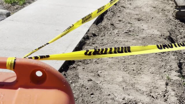 throwing caution to the wind. Blowing caution tape at a construction site of new sidewalks