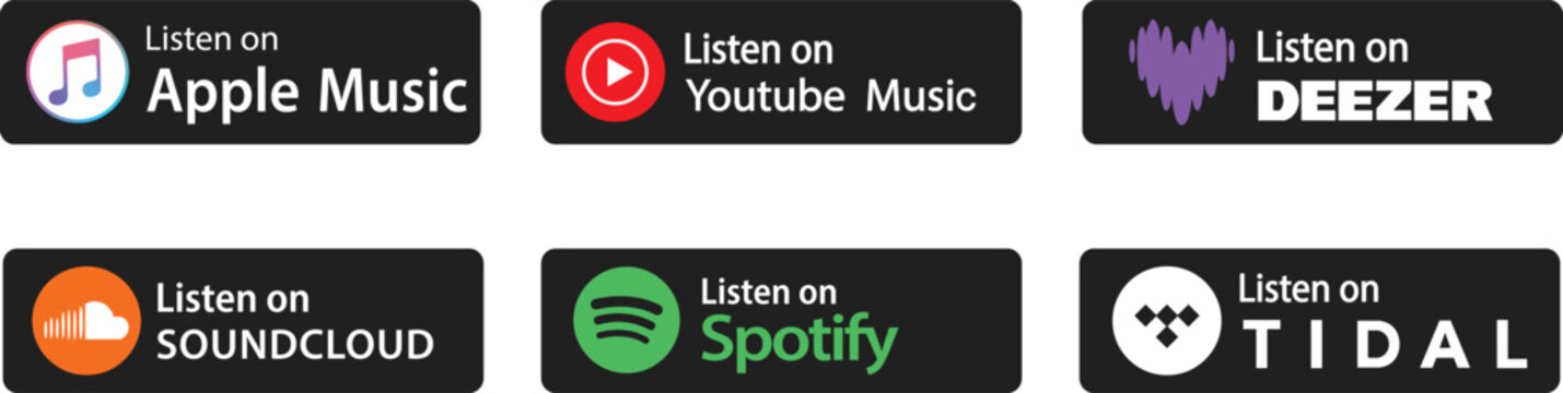 Set of music streaming service icons and buttons for Apple Music, YouTube Music, Deezer, Soundcloud, Spotify and Tidal