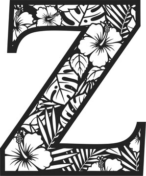 Letter Z tropical floral pattern with hibiscus and palm leaves
