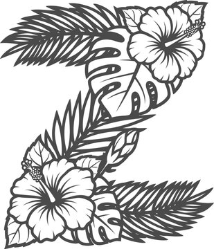 Letter Z tropical floral pattern with hibiscus and palm leaves