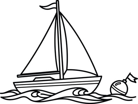 Sailboat coloring book page with ocean buoy vector line art