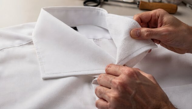Medium shot of a tailor carefully assembling a spread collar with interfacing highlighting precise topstitching and fabric layering for a crisp structured finish.