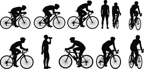 Obraz premium cycling silhouettes collection, road bike riders set, professional cyclists training, sports activity icons, fitness lifestyle concept, black vector illustration pack