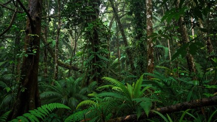 Fototapeta premium Tropical rainforest ferns thriving under dense canopy in jungle