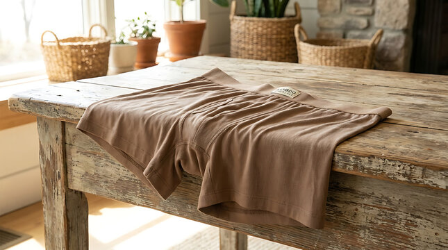 Soft Bamboo Boxer Shorts Folded on Rustic Wooden Table with Indoor Plant Decor