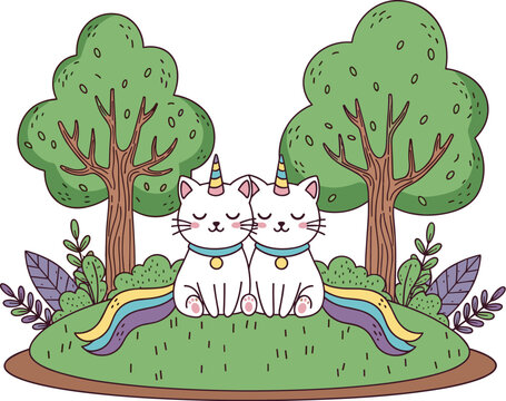 Cute caticorn unicorn cats sitting in forest with rainbow and trees vector illustration for fantasy kids nature and kawaii design
