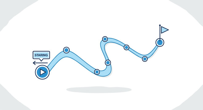 Winding blue path with checkpoints and a flag at the destination, symbolizing project roadmap, journey, progress tracking, and goal achievement.