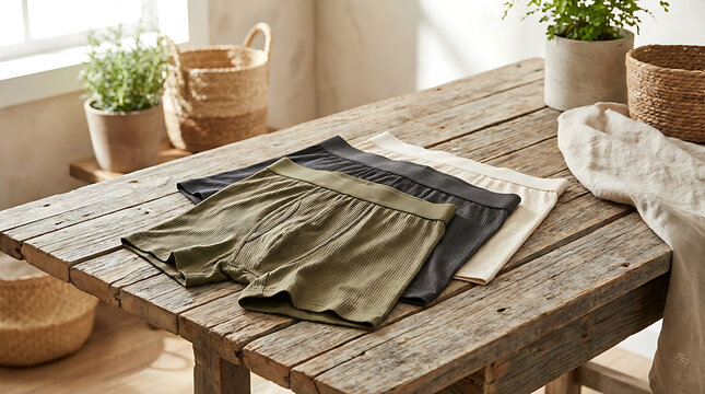 Three pairs of men's boxer briefs in olive green, charcoal, and cream colors stacked on a rustic wooden table