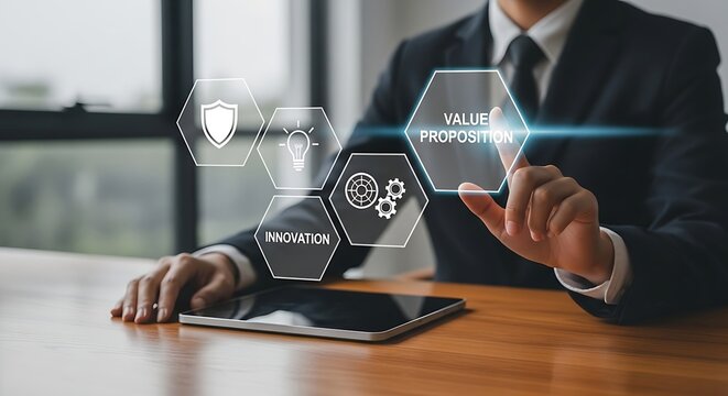 Business professional interacting with a digital value proposition interface screen
