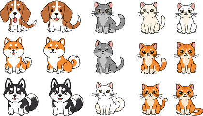 Obraz premium Cartoon Dogs and Cats in Various Breeds for Pets, Animals, and Playful Illustrations