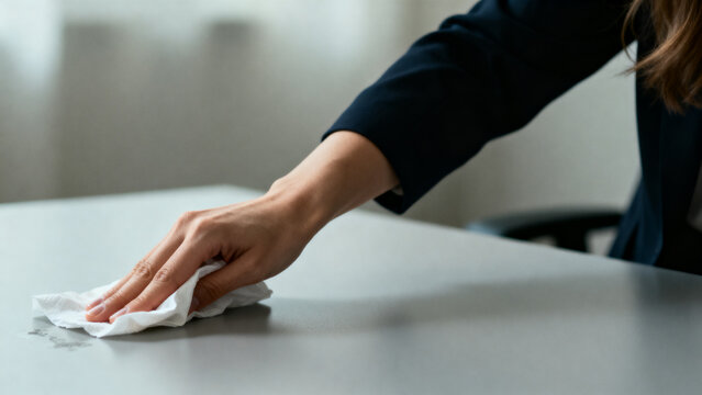 Woman in business attire with focused mood cleaning office desk with tissue against blurred indoor background (with copy space)