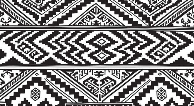 Geometric Pattern, Tribal Design, Black and White Aztec Border, Seamless Vector