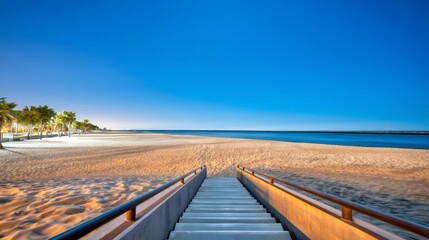 Obraz premium Beach entrance stairs leading to wide sand and ocean
