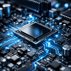 Fototapeta premium Circuit Board: Macro view of a high-tech circuit board with an intricate network of pathways and chips glowing a futuristic blue, symbolizes digital connectivity.
