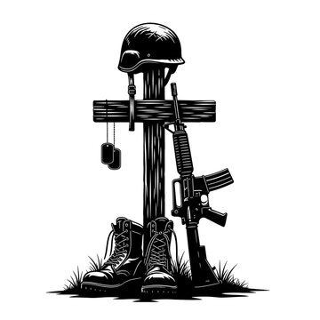 Memorial day remembrance fallen soldier's battlefield cross with helmet and rifle
