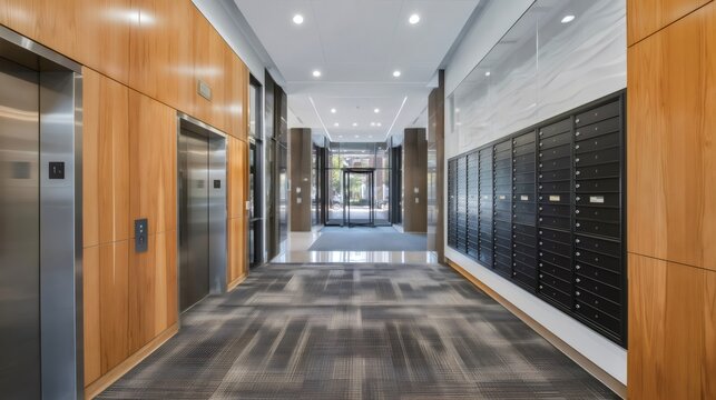 Modern building lobby with elevators and mailboxes