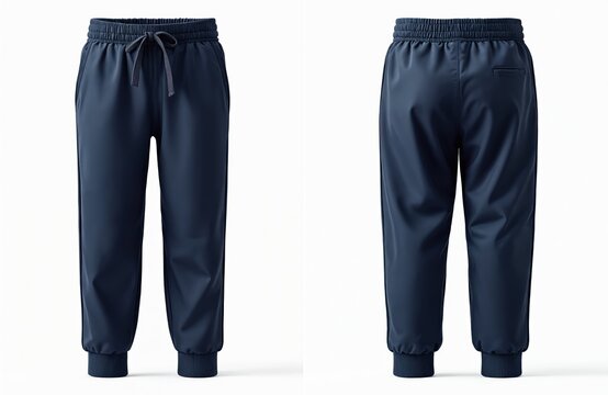 Navy blue cotton kids jogger trousers front and back view. Elastic waist drawstring and ribbed cuffs. Casual apparel for active children, boys and girls. Perfect for catalog shots.