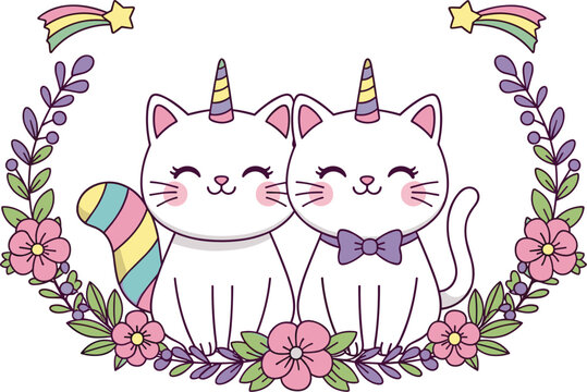 Cute caticorn unicorn cats with floral wreath, rainbow and stars vector illustration for fantasy kids kawaii and greeting card design