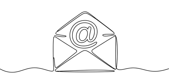 A single continuous line drawing of an email envelope icon with an at symbol in the center area. Vector, illustration