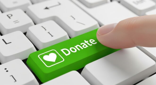 Finger presses a green donate button on a computer keyboard.