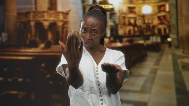Woman extends outstretched palms and empty hands toward camera inside a church building with a grimace; pleading compassion.