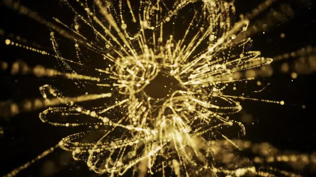 Luminous golden particles stream in an abstract technological void, forming intricate network structures. A virtual camera tracks through evolving fields, emphasizing digital transformation and