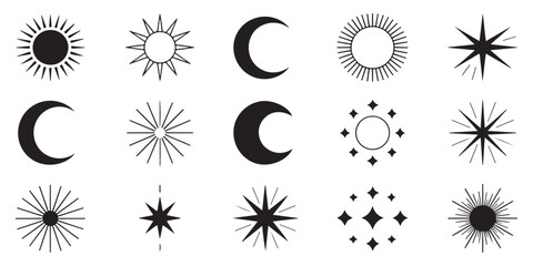 Fototapeta premium Assortment of celestial symbols including sun, crescent moon, and stars