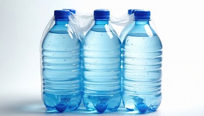 Naklejka premium Six-pack of bottled water in plastic wrap. Clear liquid fills blue plastic bottles with caps. Bottles have condensation. Product is on white surface.