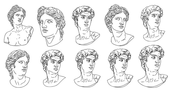 Minimal linear Greek sculpture collection vector ancient statue Venus Apollo David illustration