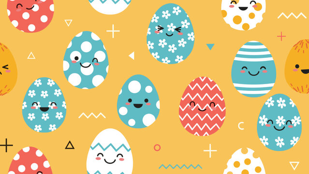 Colorful Easter pattern of cute egg characters with various patterns and expressions on a bright yellow background.