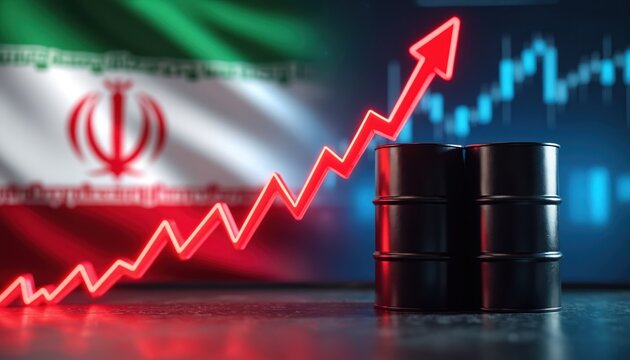 Iranian flag waves as oil prices surge. Red arrow chart points upward above black barrels. Crude oil market growth and energy sector gains are shown.