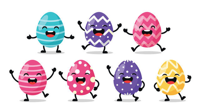 Fun collection of cheerful Easter egg characters with happy faces dancing and celebrating on a plain white background.