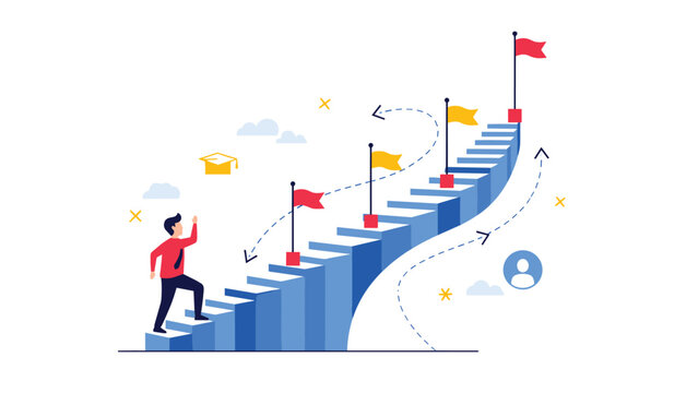 Business success concept shows a person climbing a set of blue stairs toward red and yellow flags to represent achieving goals and milestones.