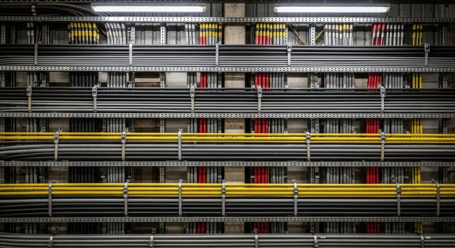 Industrial network cables neatly arranged in a data center environment