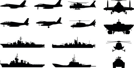 Military aircraft and naval ship silhouettes collection with fighter jets helicopters and warships black vector transport illustration set © Md