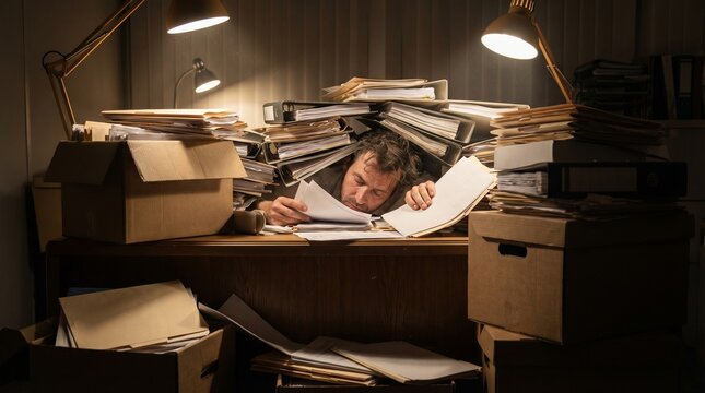 Man buried under a mountain of paperwork in a cluttered office, overwhelmed by administrative tasks and workload