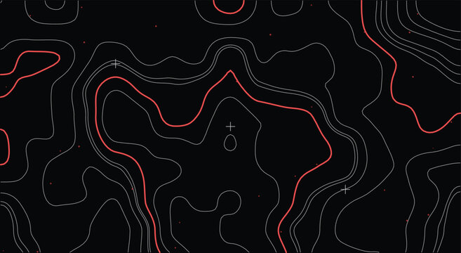 Topographic map seamless background. Wavy elevation contour lines, crosshair markers and abstract geographic patterns. Dark black and red texture with futuristic tactical vibe. Vector illustration.