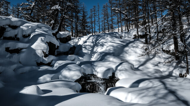 Snowshoeing in the Clar&eacute;e valley in winter - France