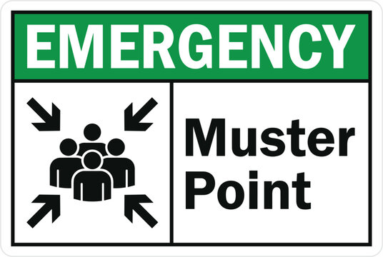 Emergency Muster Point. Emergency muster point sign with people icon and directional arrows safety symbol