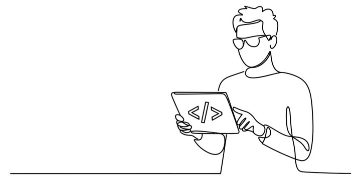 A continuous line drawing of a male programmer working on a digital tablet with coding symbols Vector, illustration