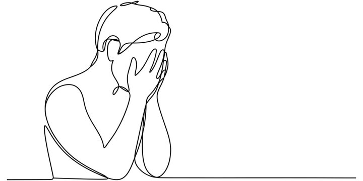 A continuous single line drawing of a person covering their face in a gesture of deep sadness Vector, illustration